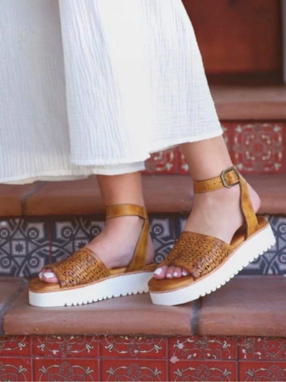 Bed|Stu Brisa Cashew Woven Leather Wrap Ankle Strap Platform Sandal 9.5 NWOB